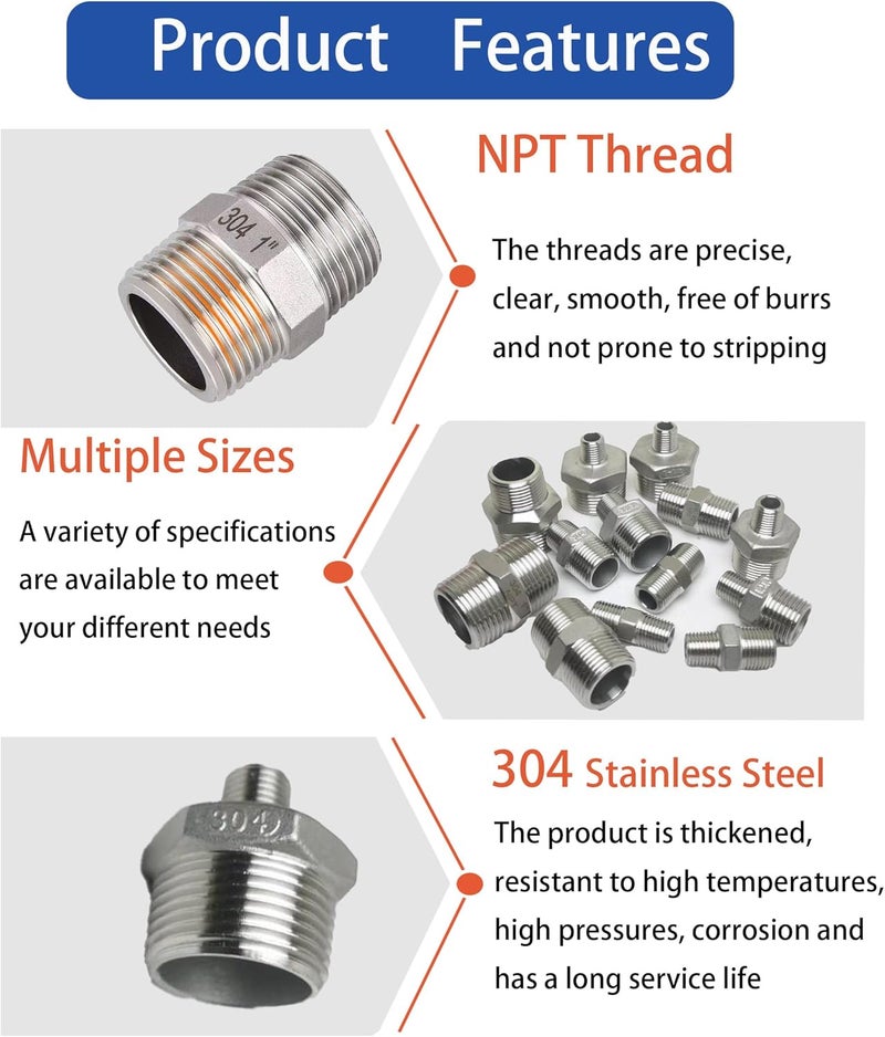 POTONZ 3/4" Male x 3/4" Male NPT Threaded Hex Nipple Pipe Fittings 304 Stainless Steel Pipe Adapter Fittings Equal Nipples Connectors With Teflon Plumbers Tape (Pack of 2) - Image 4